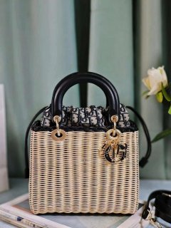 Dior M0565 Medium Lady Dior Bag Natural Wicker with Navy Blue