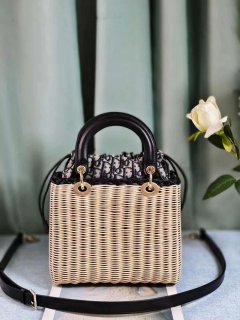 Dior M0505 MINI Lady Dior Bag Natural Wicker navy Blue