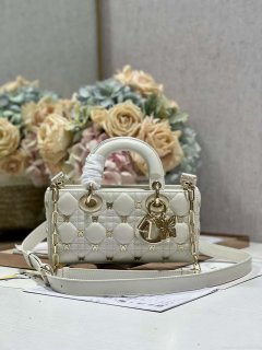 Dior M0613 Small Lady D-joy Bag White Cannage Lambskin with Gold-Finish Butterfly Studs