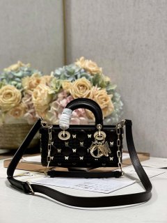 Dior M0613 Small Lady D-joy Bag Black Cannage Lambskin with Gold-Finish Butterfly Studs