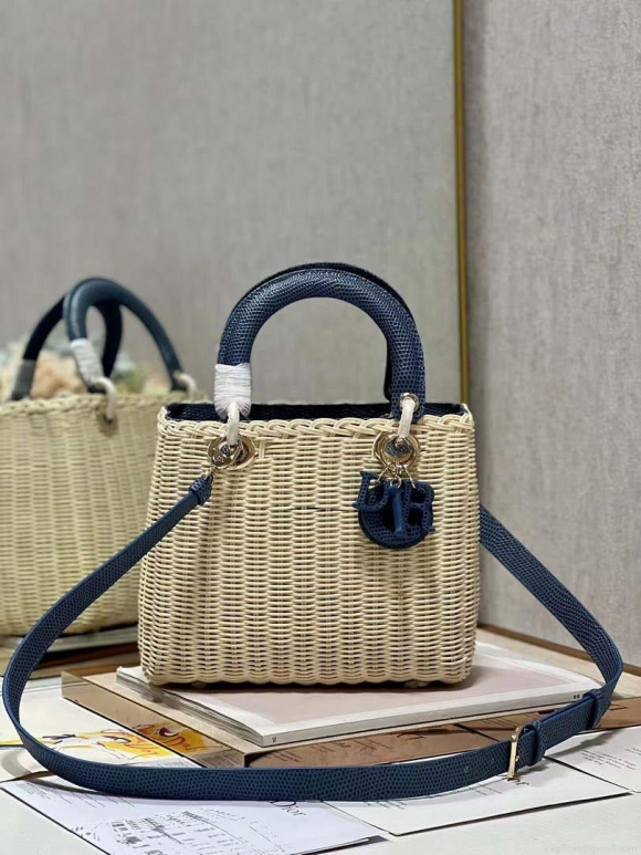 Dior M0565 Medium Lady Dior Bag Natural Wicker With Navy Blue Snake