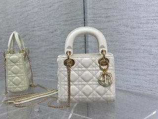 Dior M0505 Mini Lady Dior Bag White Calfskin with enamel buckle