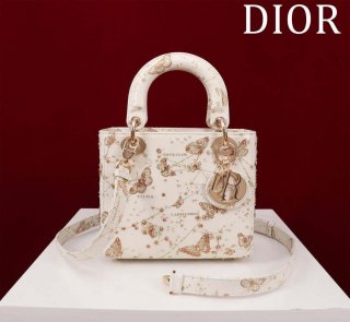 Dior M0531 Small Lady Dior Bag White and Gold-Tone Calfskin with Butterfly Zodiac Print and Embroidery