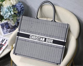 Dior Book Tote M1286 Black and White Houndstooth Embroidery