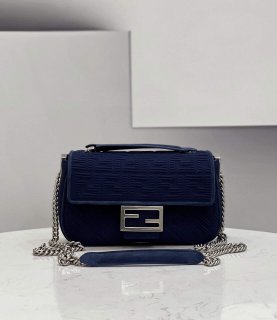 Fendi 8BR793 Midi Baguette Chain FF Fabric Bag Blue