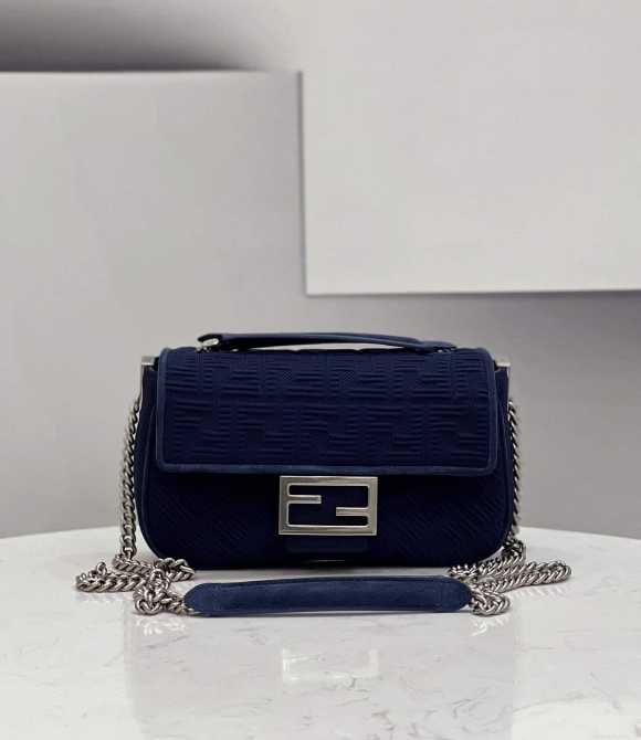 Fendi 8BR793 Midi Baguette Chain FF Fabric Bag Blue