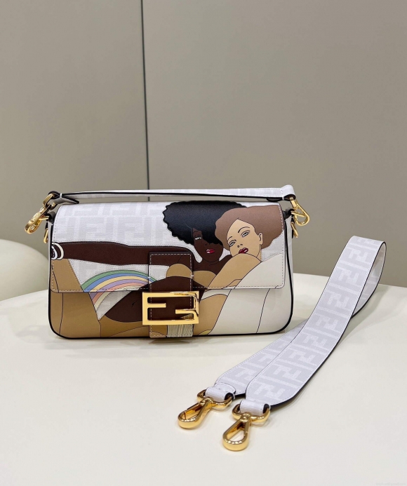 Fendi 8BR600 Baguette FF White Glazed Fabric Bag With Inlay