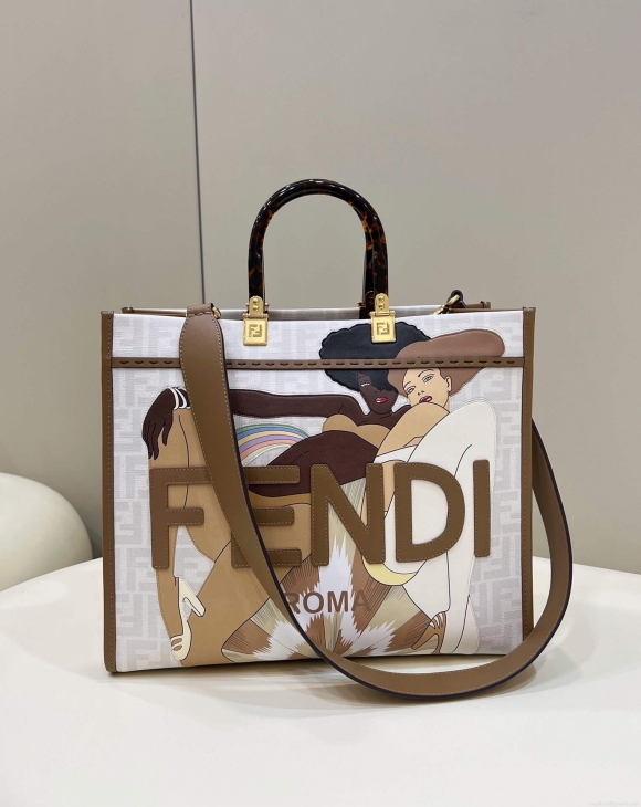 Fendi 8BH386 Sunshine Medium FF White Glazed Fabric Shopper