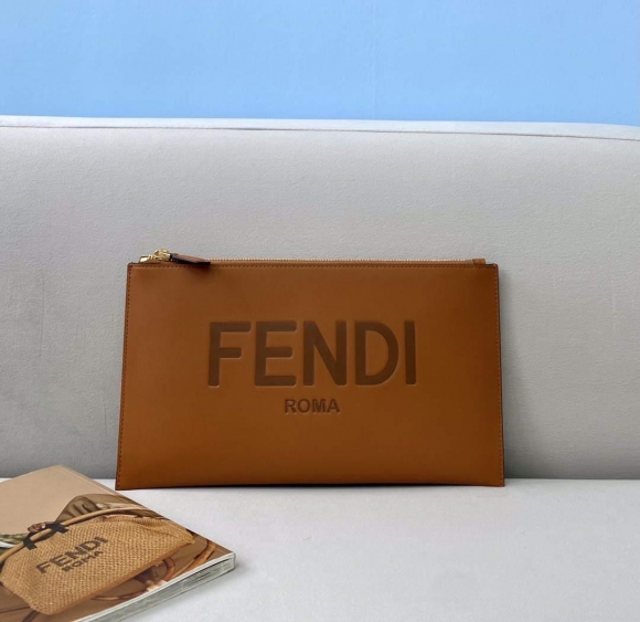 Fendi 8N0178AC9S Fendi logo flat pouch clutch 8370S Tan