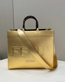 Fendi 8553 Sunshine Medium Tote Shoulder Bag 8BH386 Gold Laminated leather shopper