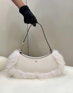 Fendi 8BS068ALS9F1IVS O’Lock Swing Camellia leather and fox fur pouch 8573 White