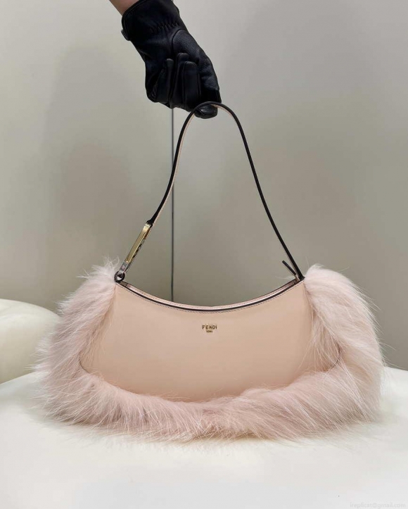 Fendi 8BS068ALS9F1IVT O’Lock Swing Pale pink leather and fox fur pouch 8573