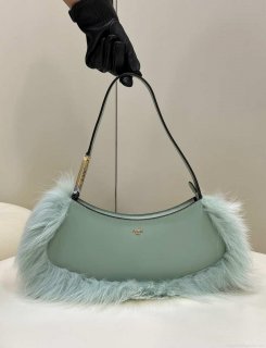 Fendi 8BS068ALS9F1IVT O’Lock Swing Green leather and fox fur pouch 8573