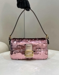 Fendi 8BR792 Medium Baguette 1997 Rose Red Satin Bag with Sequins 8528