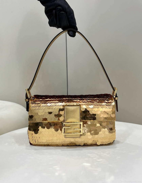 Fendi 8BR792 Medium Baguette 1997 Gold Satin Bag with Sequins 8528