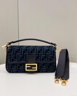 Fendi 8BR600 Baguette Chain Midi Navy Blue FF tapestry fabric bag 8579