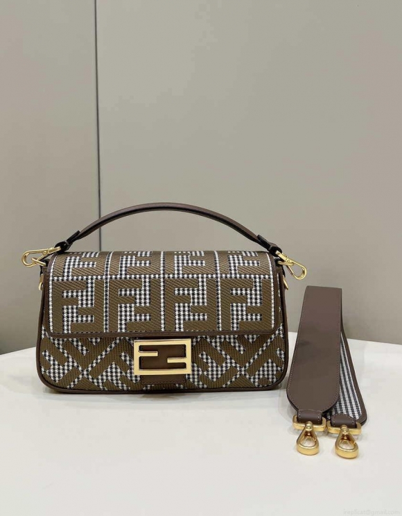 Fendi 8BR600 Baguette Brown houndstooth wool bag with FF embroidery