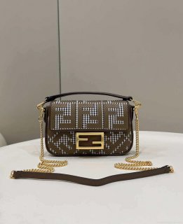 Fendi 8BS017 Mini Baguette Brown houndstooth wool bag with FF embroidery 8588S