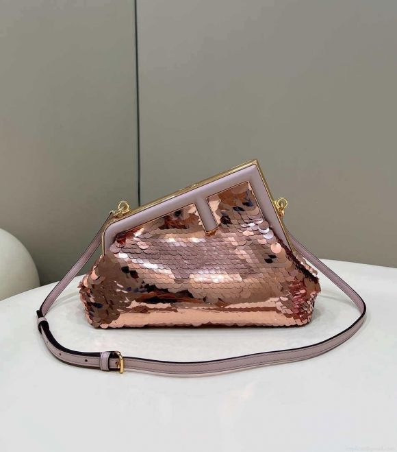 Fendi 8BP129 Fendi First Small Rose Red Gold-colored leather and sequinned bag 80066