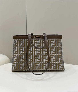 Fendi 8BH374 X-Tote Brown houndstooth wool shopper with FF embroidery 8589