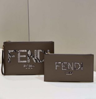 Fendi 8N0178AC9S Fendi logo flat pouch clutch 8370S Gray