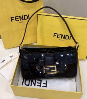 Fendi 8BR792 Medium Baguette 1997 Black Satin Bag with Sequins 8528