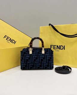 Fendi 8BS067 By The Way Mini Small Boston Jacquard FF fabric bag Navy blue