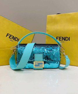 Fendi 8BR600 Medium Baguette Turquoise sequin and leather bag 8601