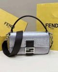 Fendi 8BR600 Medium Baguette Silver sequin and leather bag 8601