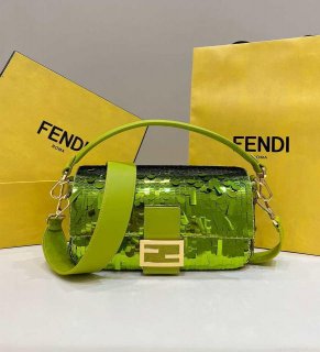 Fendi 8BR600 Medium Baguette Acid green sequin and leather bag 8601