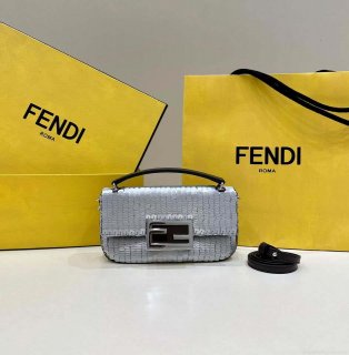 Fendi 8BS017 Mini Baguette Silver sequin and leather bag 8601s