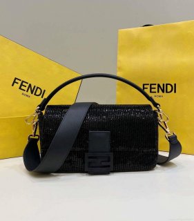 Fendi 8BR600 Medium Baguette Beads Black leather Bag 8599