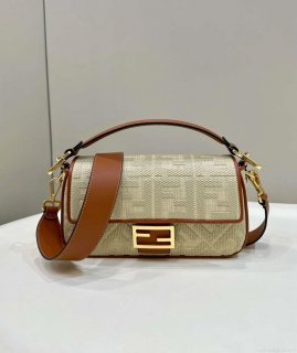 Fendi 8BR600 Baguette Natural straw bag with FF embroidery Beige