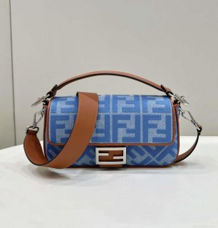 Fendi 8BR600 Baguette Medium Light blue denim bag with FF embroidery