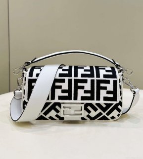 Fendi 8BR600 Baguette Medium bag with FF embroidery 0159AM White and Black