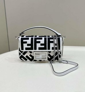 Fendi 8BS017 Mini Baguette White and black canvas bag with FF embroidery 0159BS