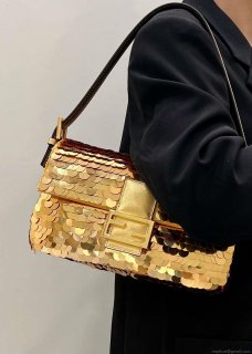 Fendi 8BR600 Medium Baguette Gold sequin and leather bag 8582