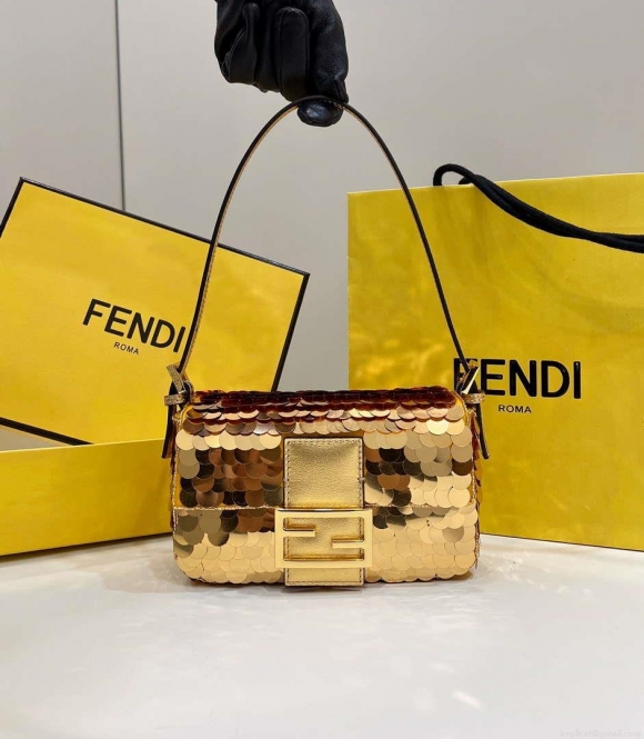 Fendi 8BS017 Mini Baguette Gold sequin and leather bag 8601s