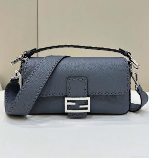 Fendi 8BR600 Baguette Grey blue Selleria bag with Oversized Topstitching 8610