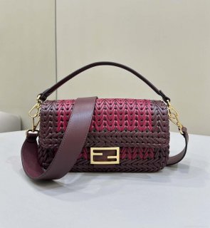 Fendi 8BR600 Baguette Wine Red interlaced leather and raffia bag 8630