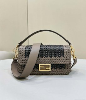 Fendi 8BR600 Baguette Gray and Black interlaced leather and raffia bag 8630