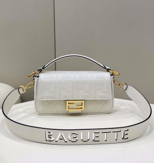 Fendi 8BR600 Baguette Medium bag with FF embroidery 8598 White