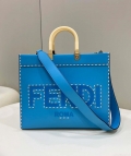 Fendi 8BH386 Sunshine Medium Blue leather shopper bag with contrasting threading 80015