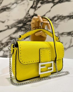 Fendi 8BS017 Baguette Mini Acid yellow Selleria bag with 309 hand-sewn Tpstitches 8610S