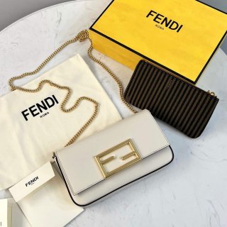 Fendi 8521 Baguette Chain Midi Shoulder Bag White