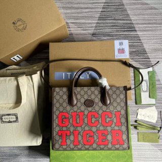 Gucci 659983 GG Small Tote Bag Brown Red