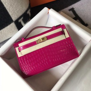 Hermes Mini Kelly Pouchette Crocodile Leather H230236 Rose Red