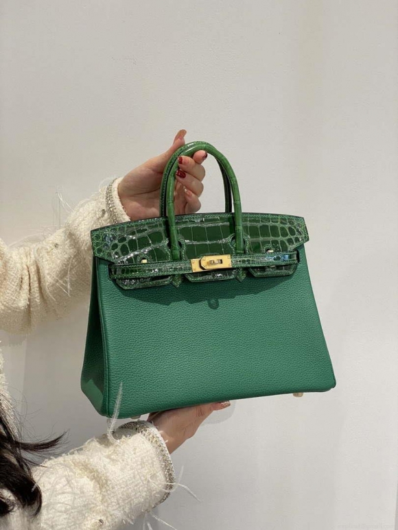 Hermes Birkin Tote Bag Togo Leather With High Gloss Nile Crocodile Emerald H28810