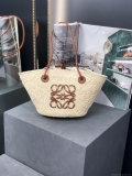 Loewe 169470054 LOEWE x Paula’s Ibiza Anagram Small Basket Bag in Iraca Palm with Leather Handles Tan