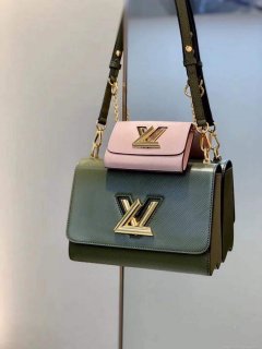 LV M59884 Louis Vuitton Twist MM Handbag Kaki / Quartz White